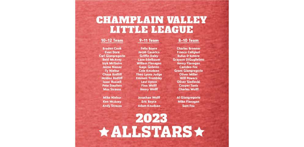 2023 Champlain Valley Little League All-Stars Rosters